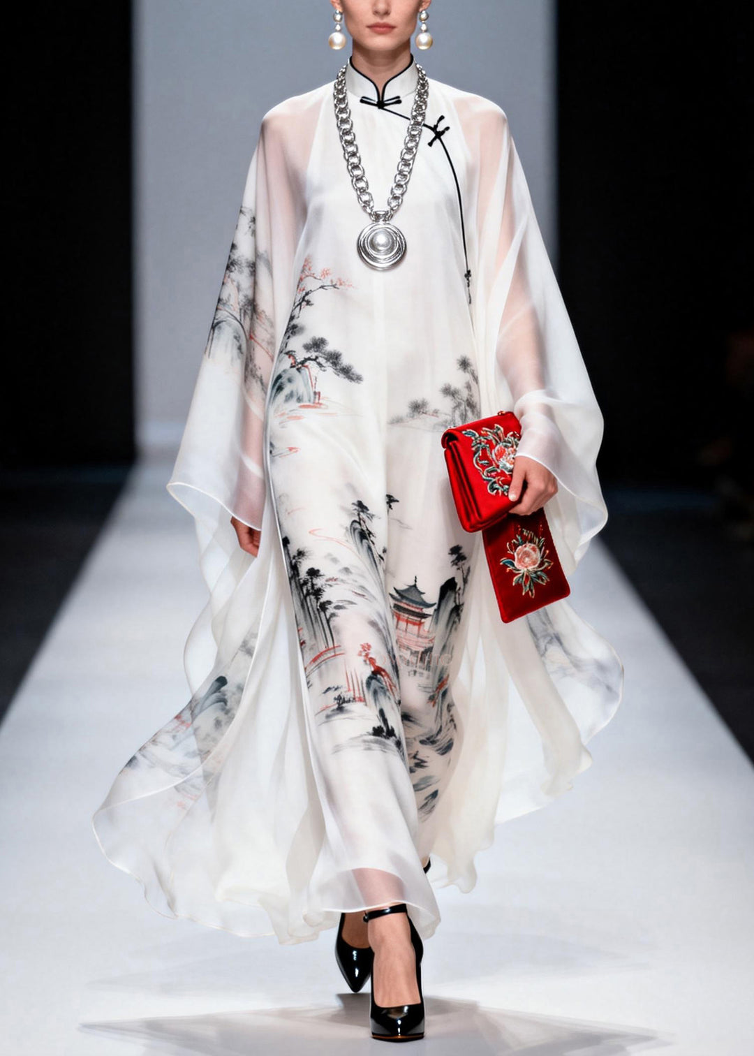 Vintage White Stand Collar Print Chiffon Long Dress Spring