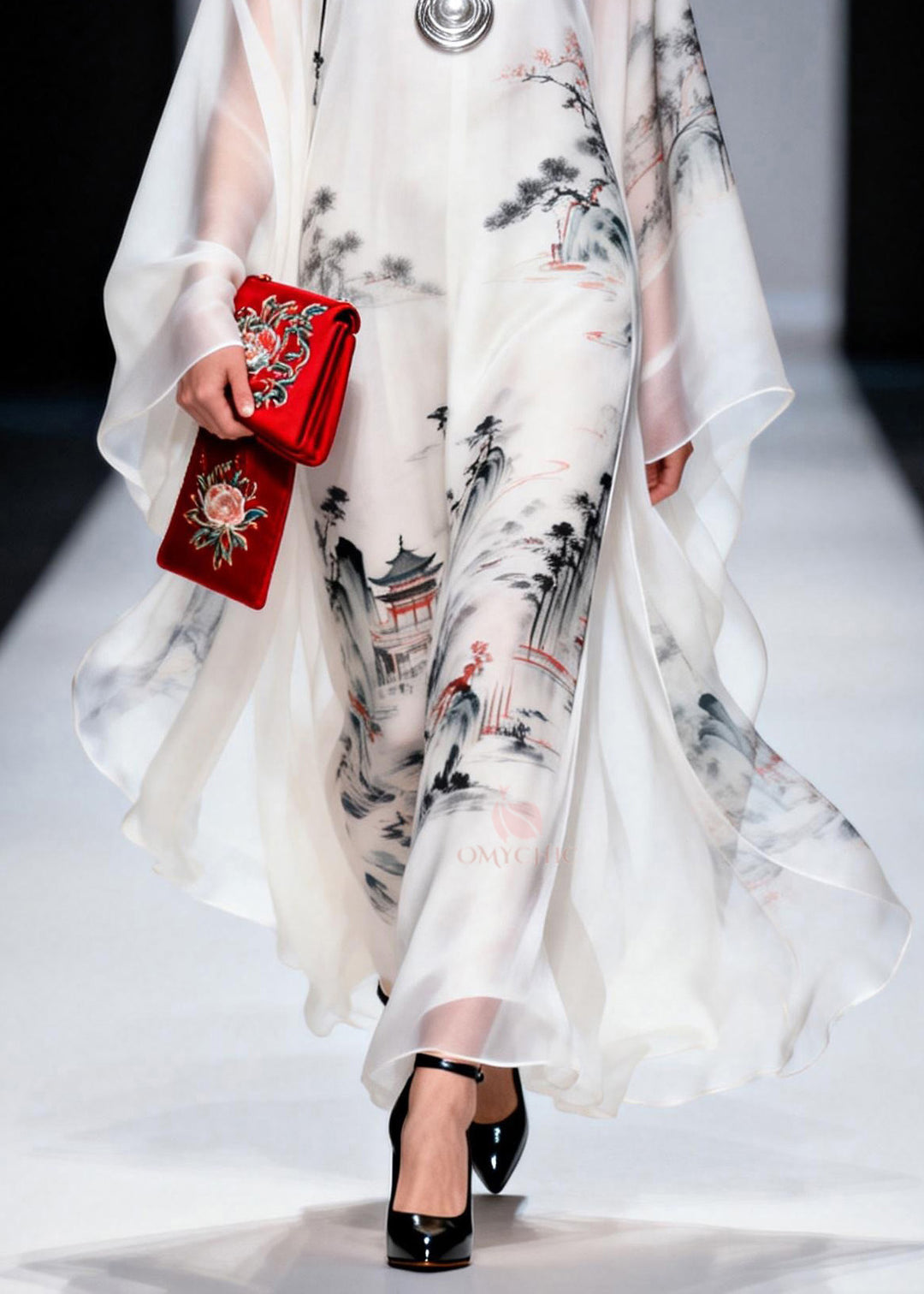 Vintage White Stand Collar Print Chiffon Long Dress Spring
