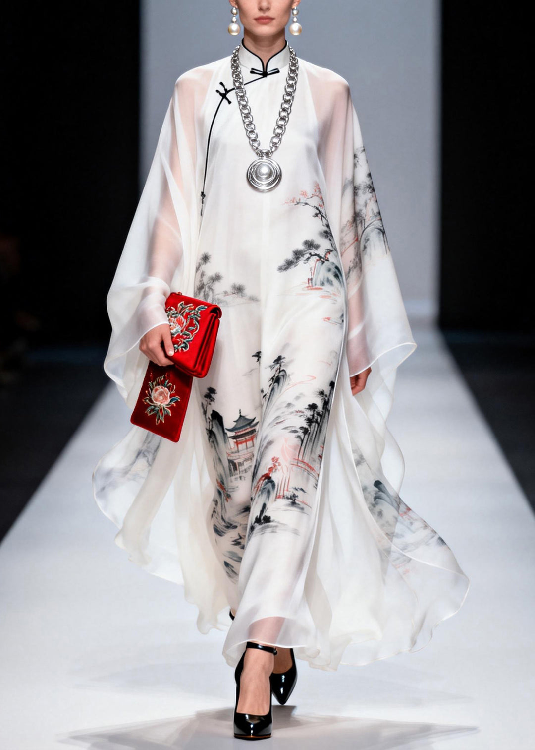 Vintage White Stand Collar Print Chiffon Long Dress Spring