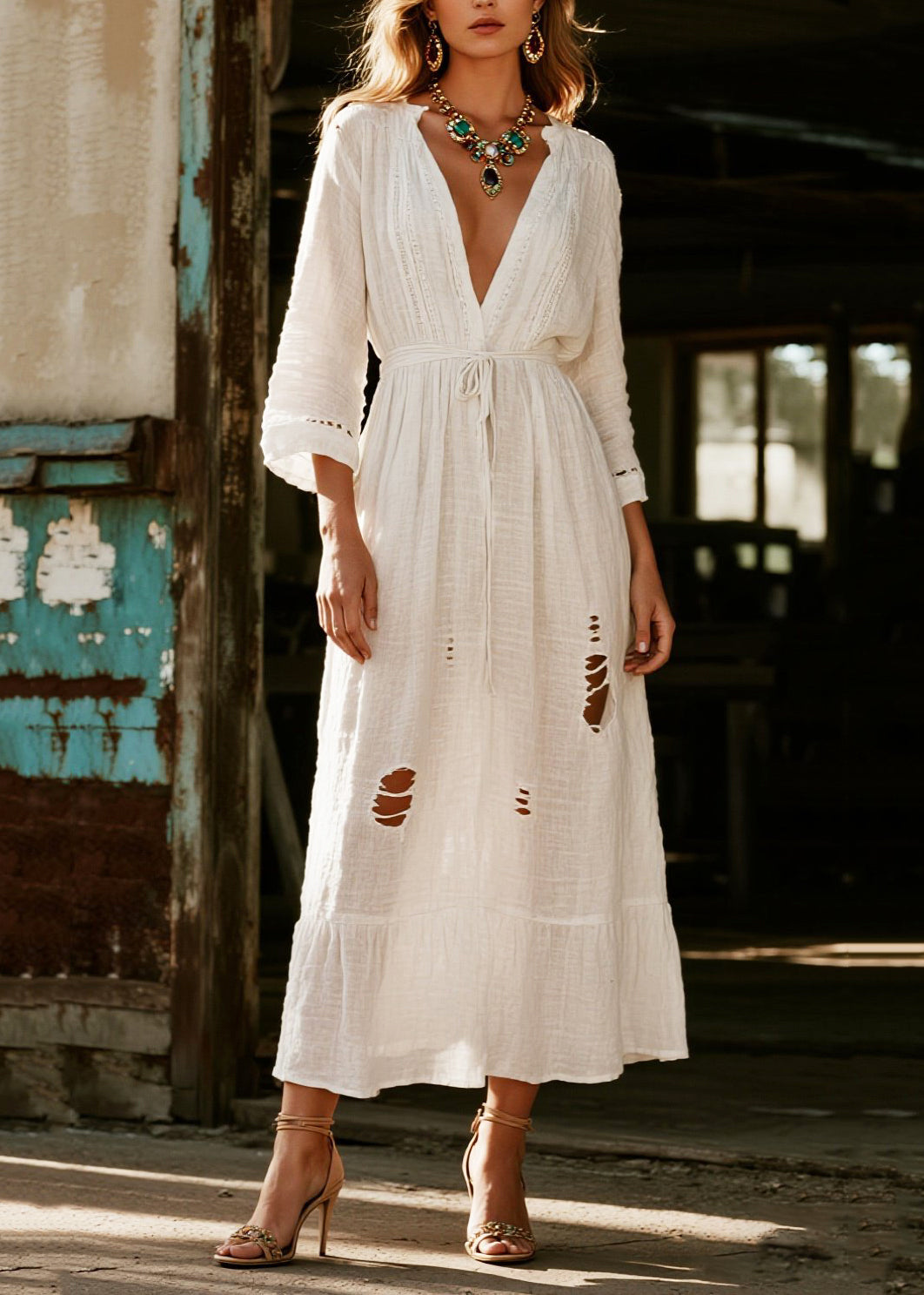Vintage White V Neck Hollow Out Cotton Vacation Dresses Spring