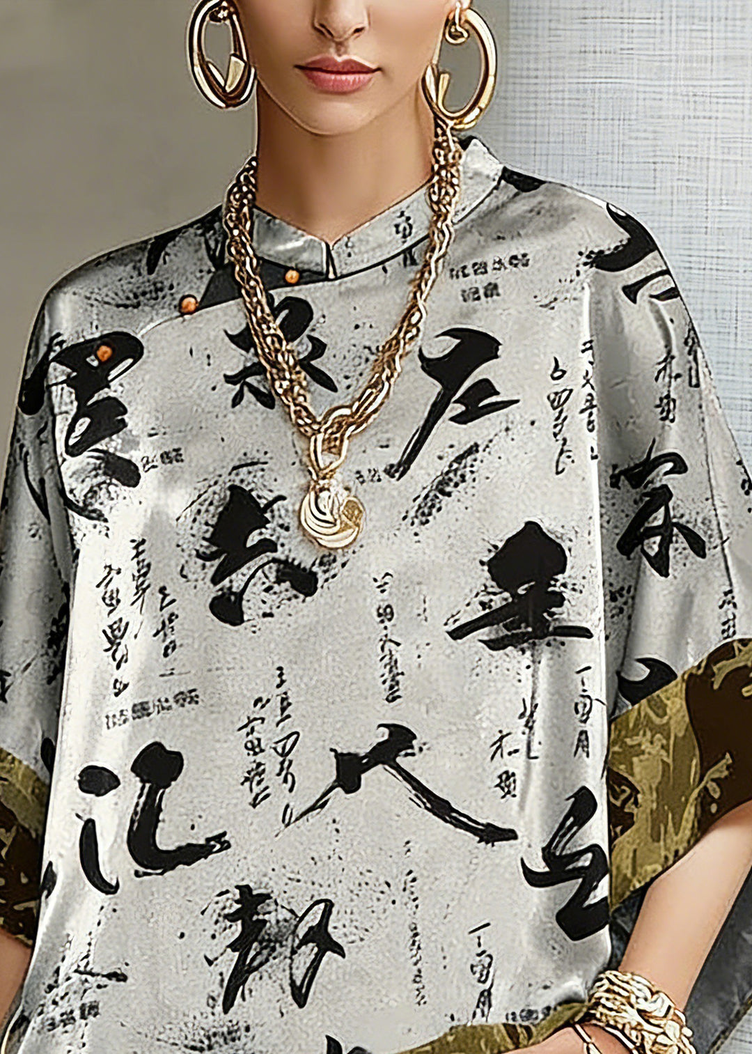 Vintage White text Mandarin Collar Asymmetrical Patchwork Jacquard Silk Shirts Batwing Sleeve