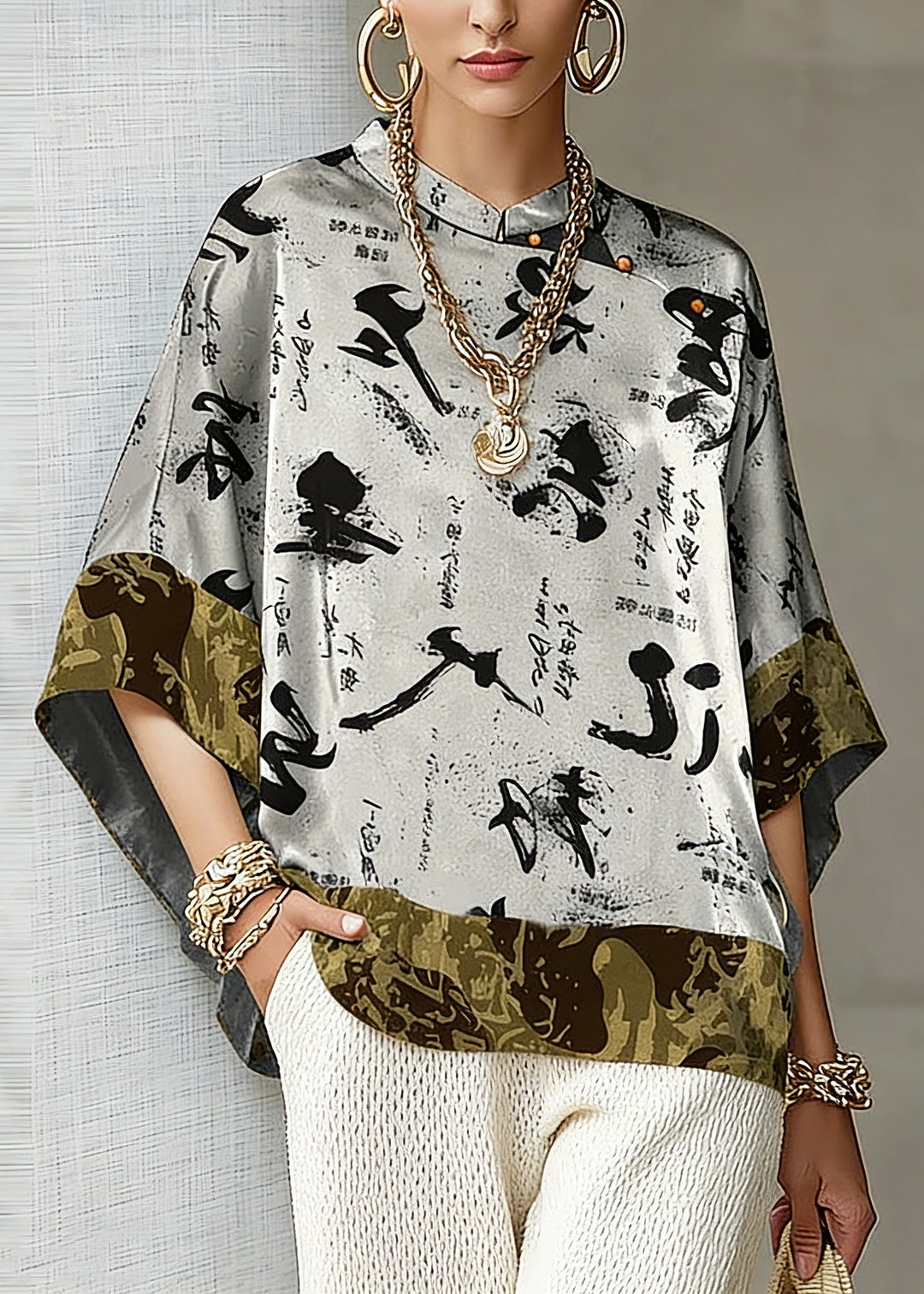 Vintage White text Mandarin Collar Asymmetrical Patchwork Jacquard Silk Shirts Batwing Sleeve
