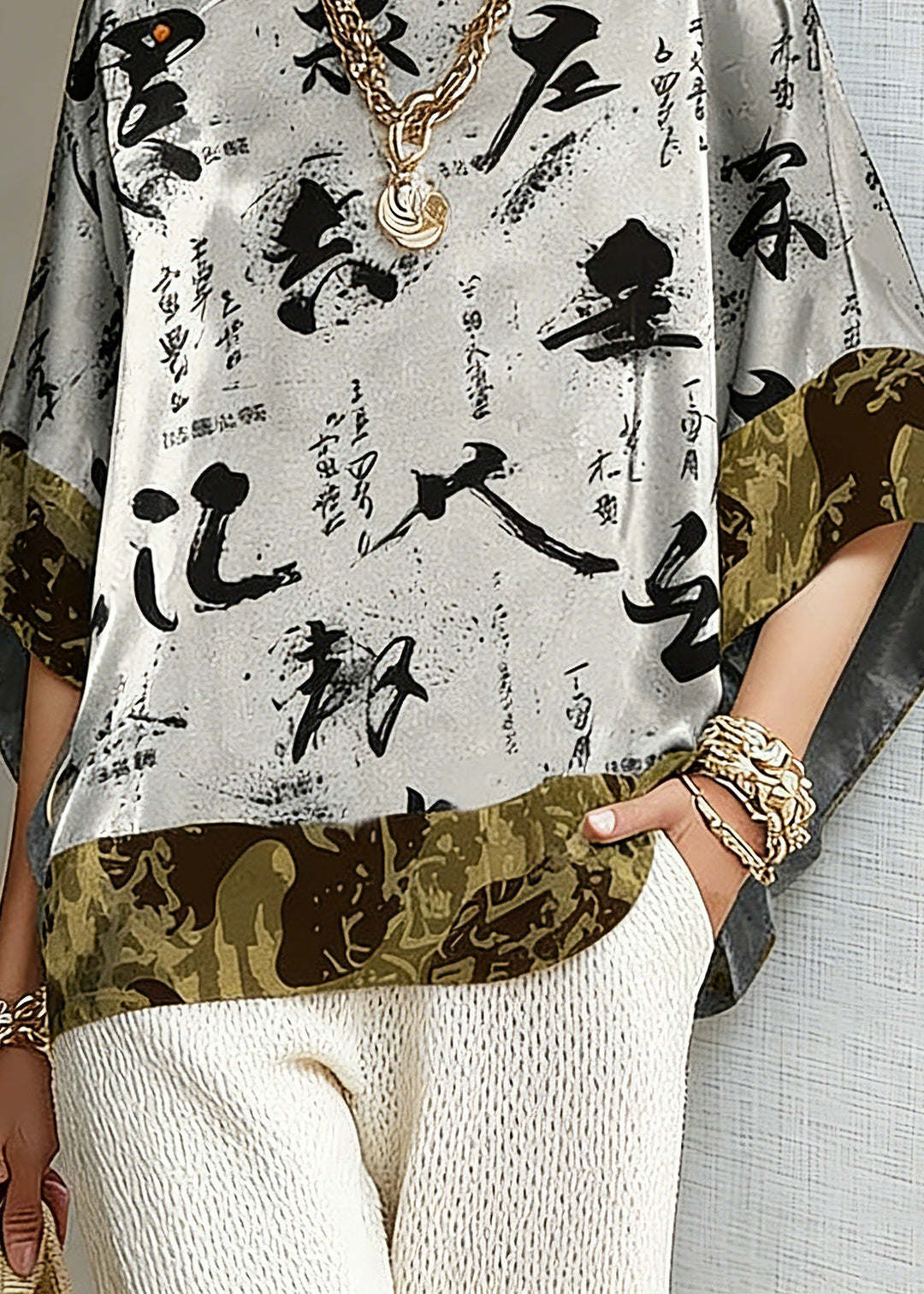 Vintage White text Mandarin Collar Asymmetrical Patchwork Jacquard Silk Shirts Batwing Sleeve