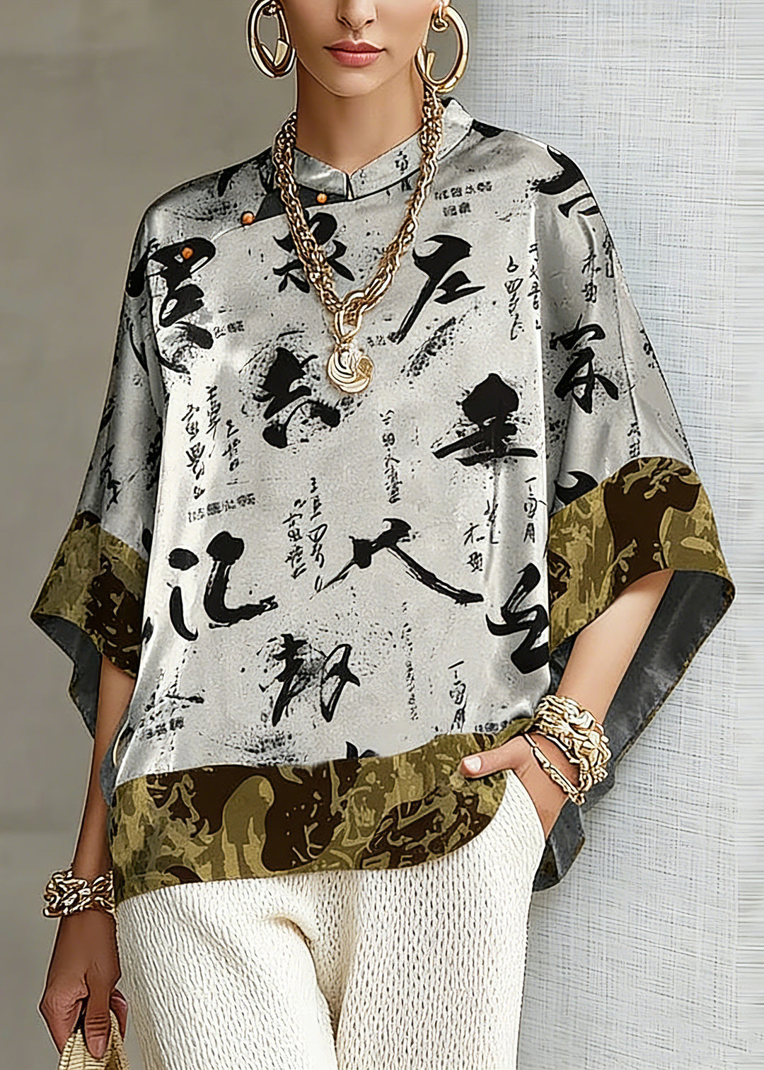 Vintage White text Mandarin Collar Asymmetrical Patchwork Jacquard Silk Shirts Batwing Sleeve