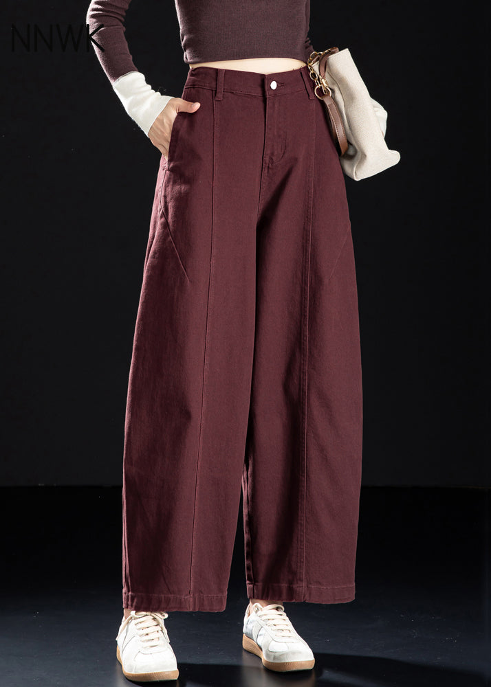 Vintage Wine Red Pockets Elastic Waist Denim Crop Pants Spring