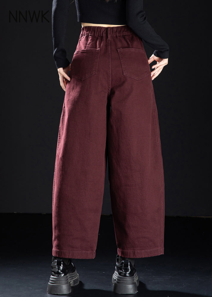Vintage Wine Red Pockets Elastic Waist Denim Crop Pants Spring