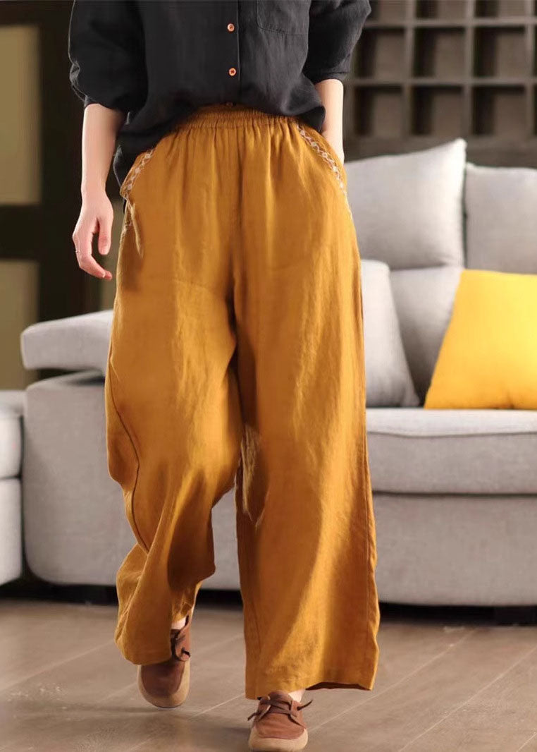Vintage Yellow Embroidered Linen Wide Leg Pants Summer