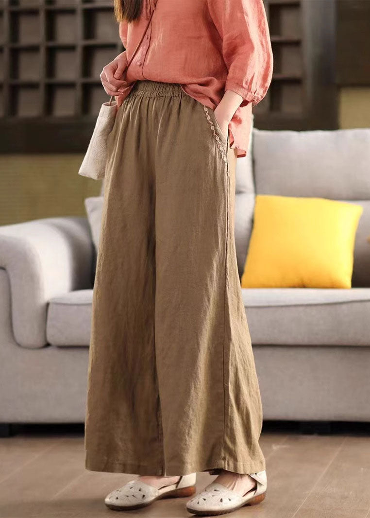 Vintage Yellow Embroidered Linen Wide Leg Pants Summer