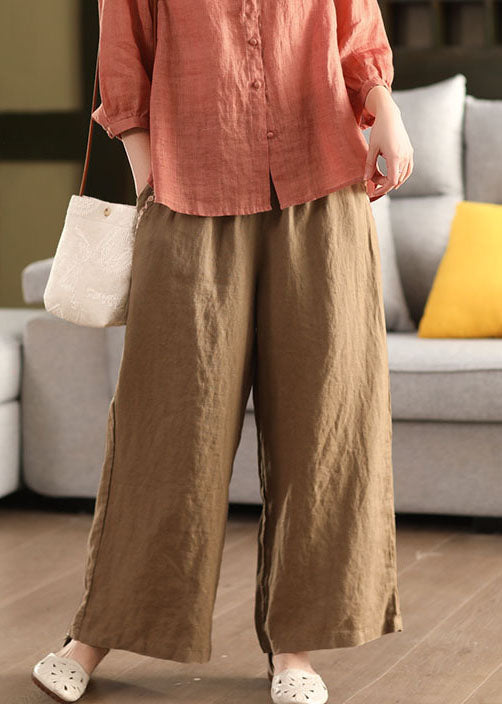 Vintage Yellow Embroidered Linen Wide Leg Pants Summer
