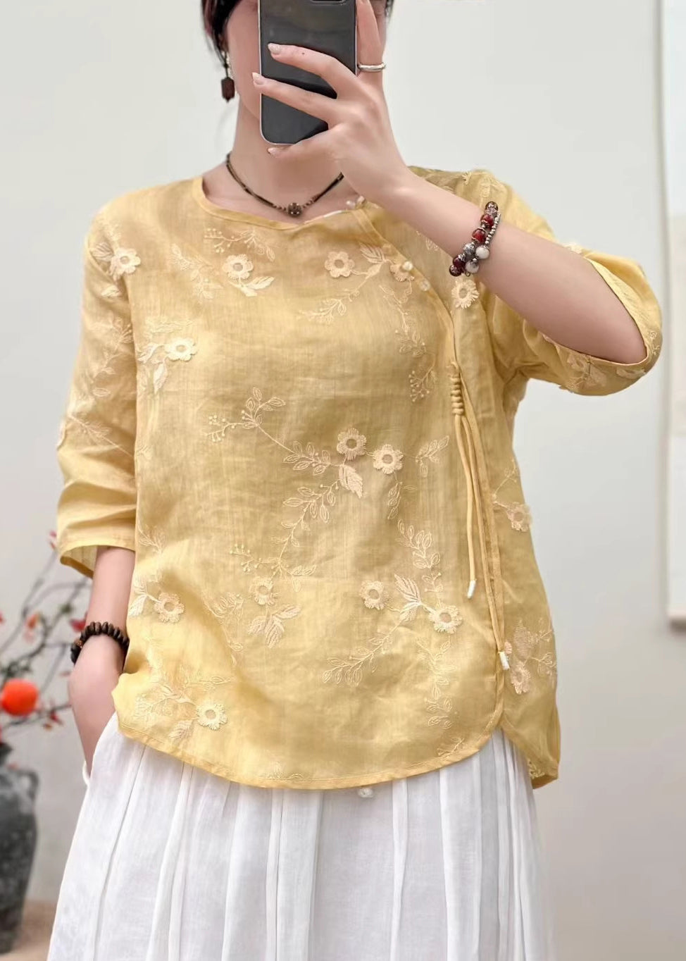 Vintage Yellow Embroidered Tasseled Linen Shirts Summer