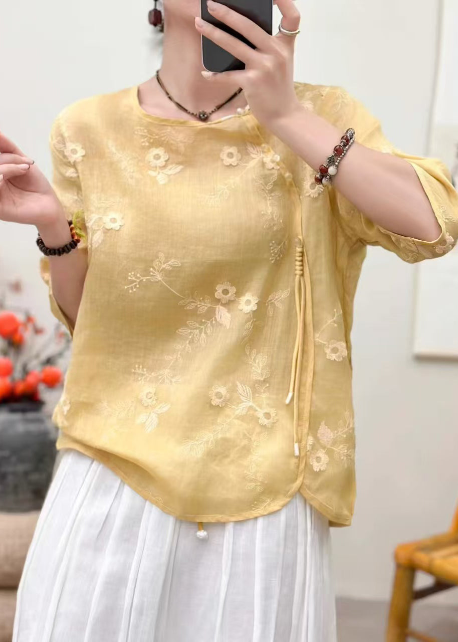 Vintage Yellow Embroidered Tasseled Linen Shirts Summer