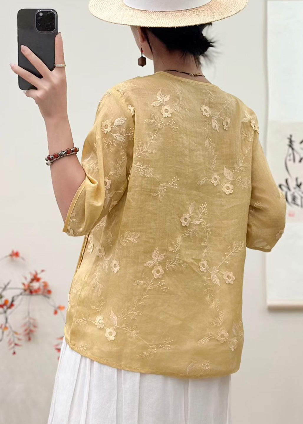 Vintage Yellow Embroidered Tasseled Linen Shirts Summer