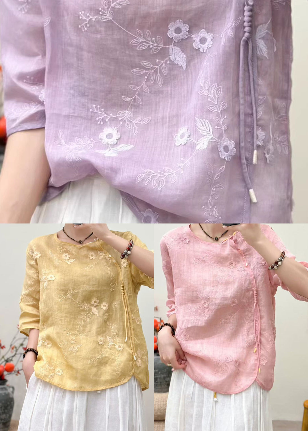 Vintage Yellow Embroidered Tasseled Linen Shirts Summer