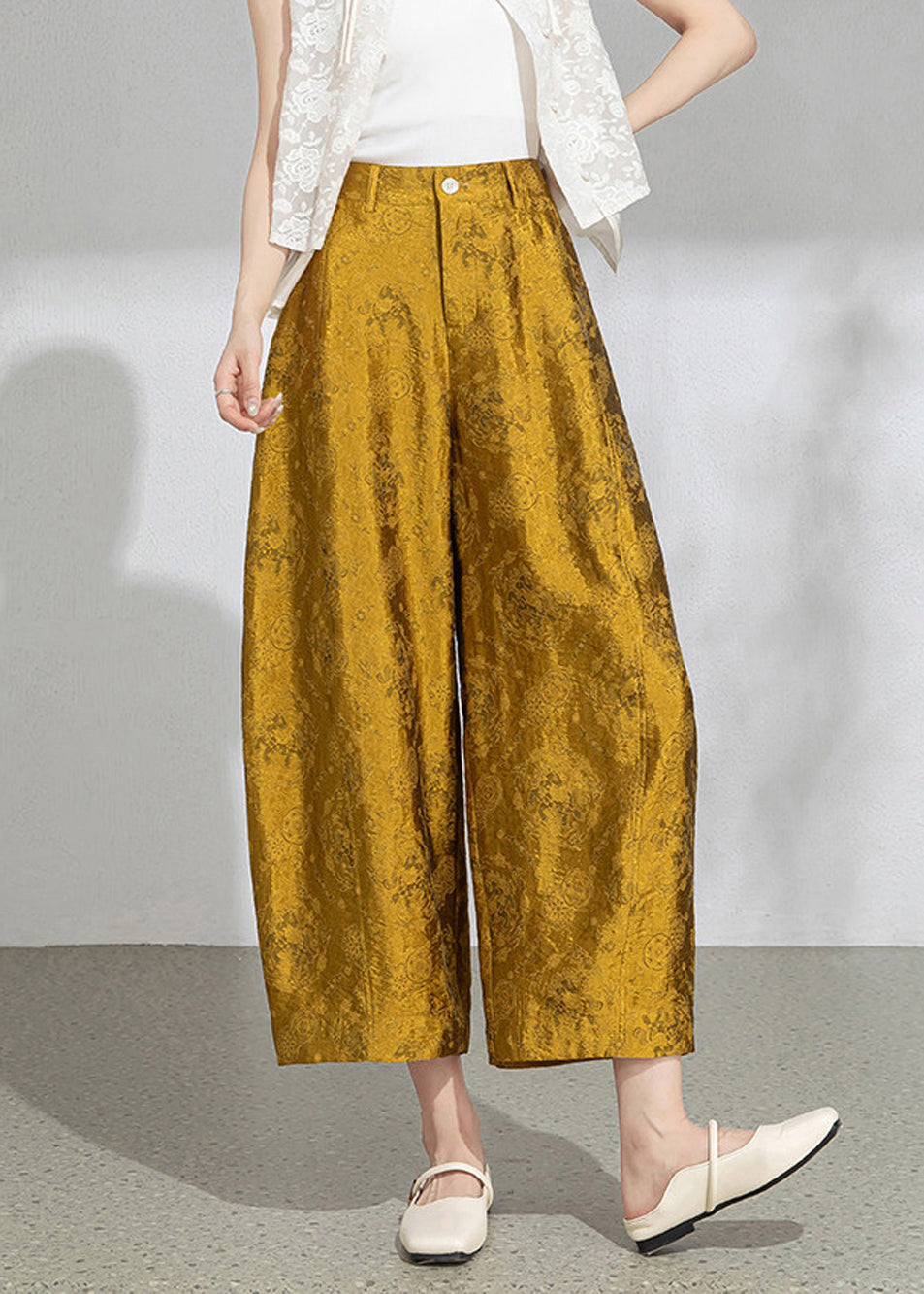 Vintage Yellow Jacquard Pockets High Waist Wide Leg Crop Pants Summer