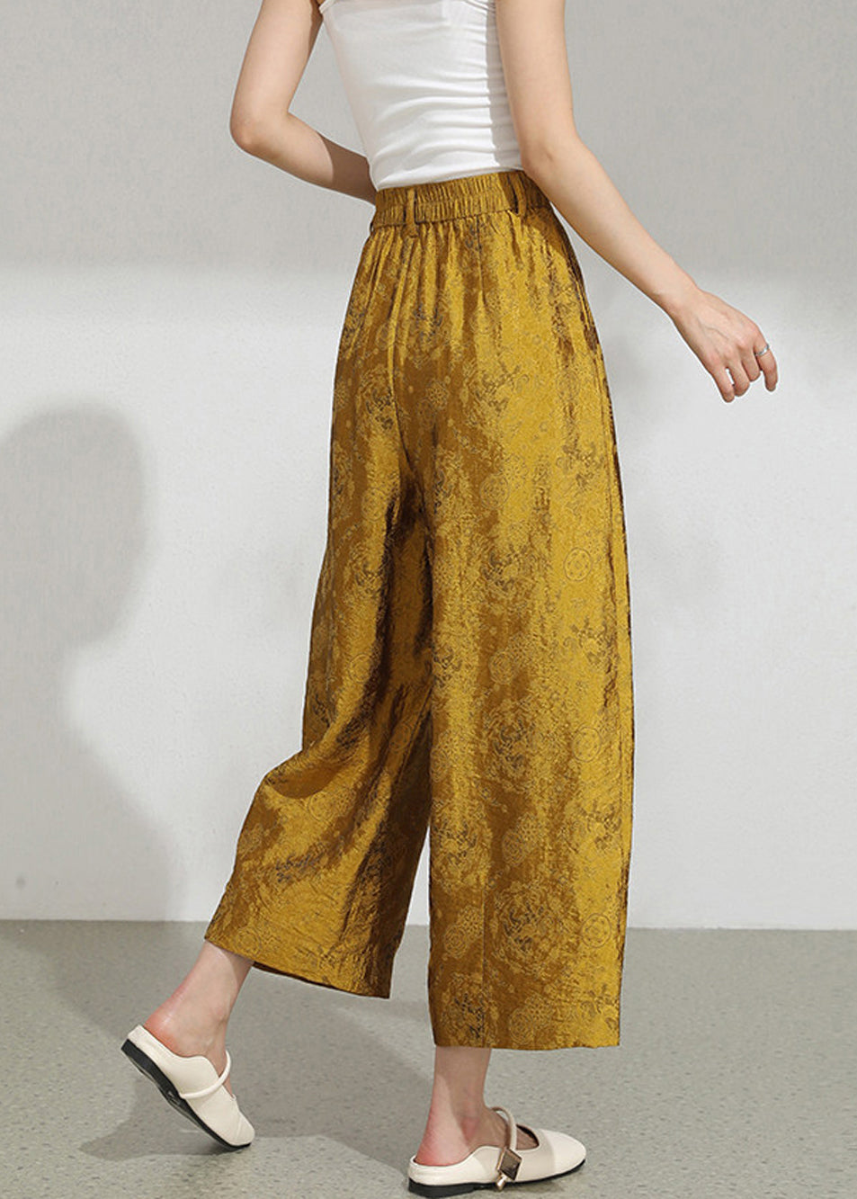 Vintage Yellow Jacquard Pockets High Waist Wide Leg Crop Pants Summer