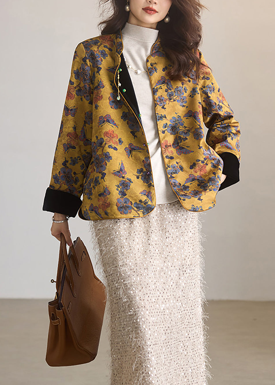 Vintage Yellow Mandarin Collar Jacquard Reversible Jacket Fall