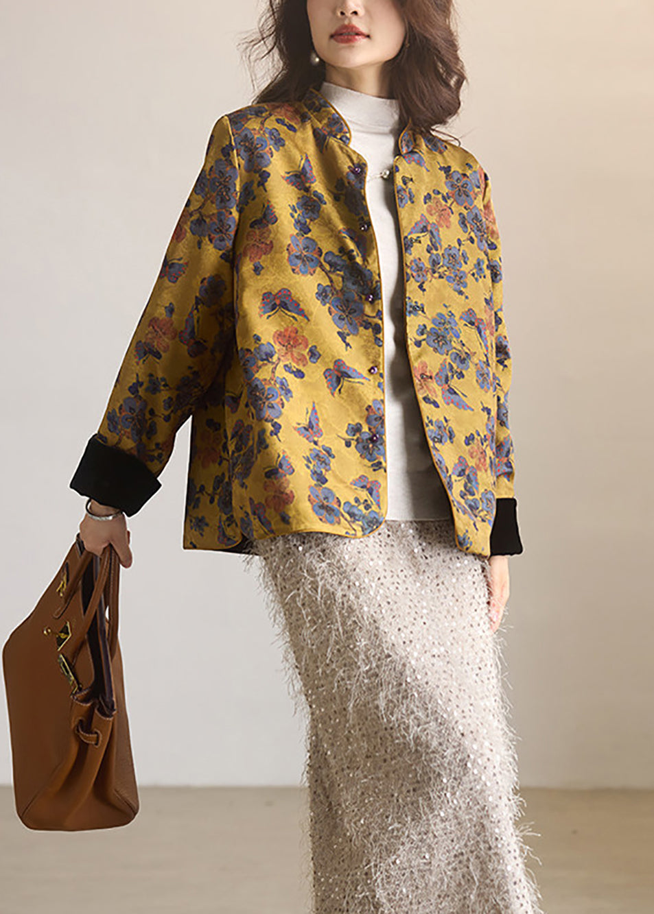 Vintage Yellow Mandarin Collar Jacquard Reversible Jacket Fall