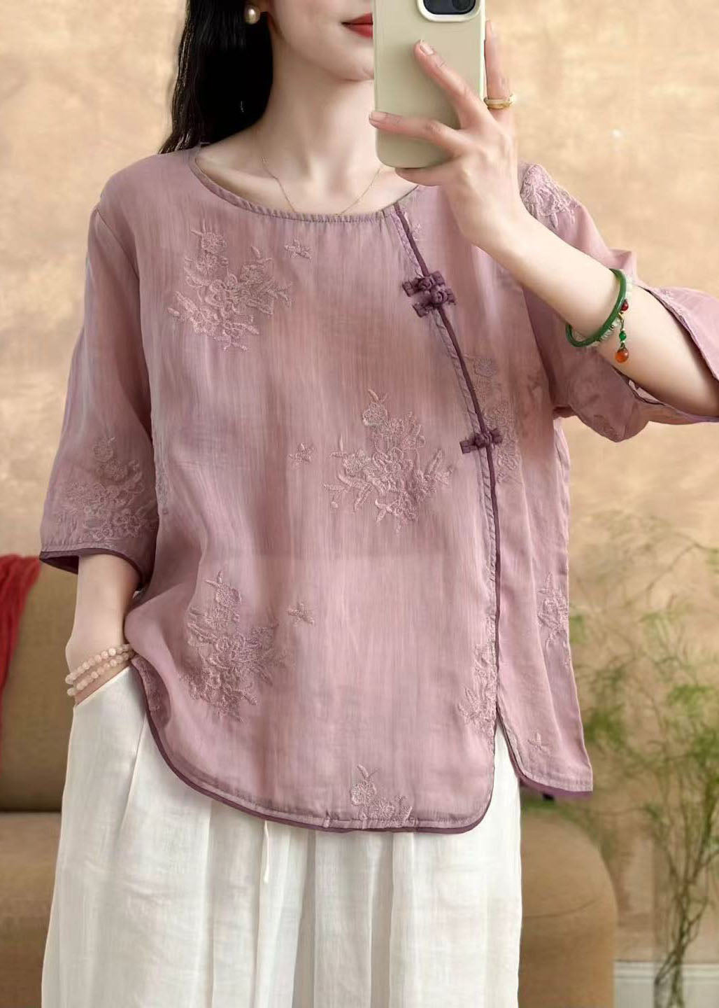 Vintage Yellow O Neck Embroidered Linen Top Summer