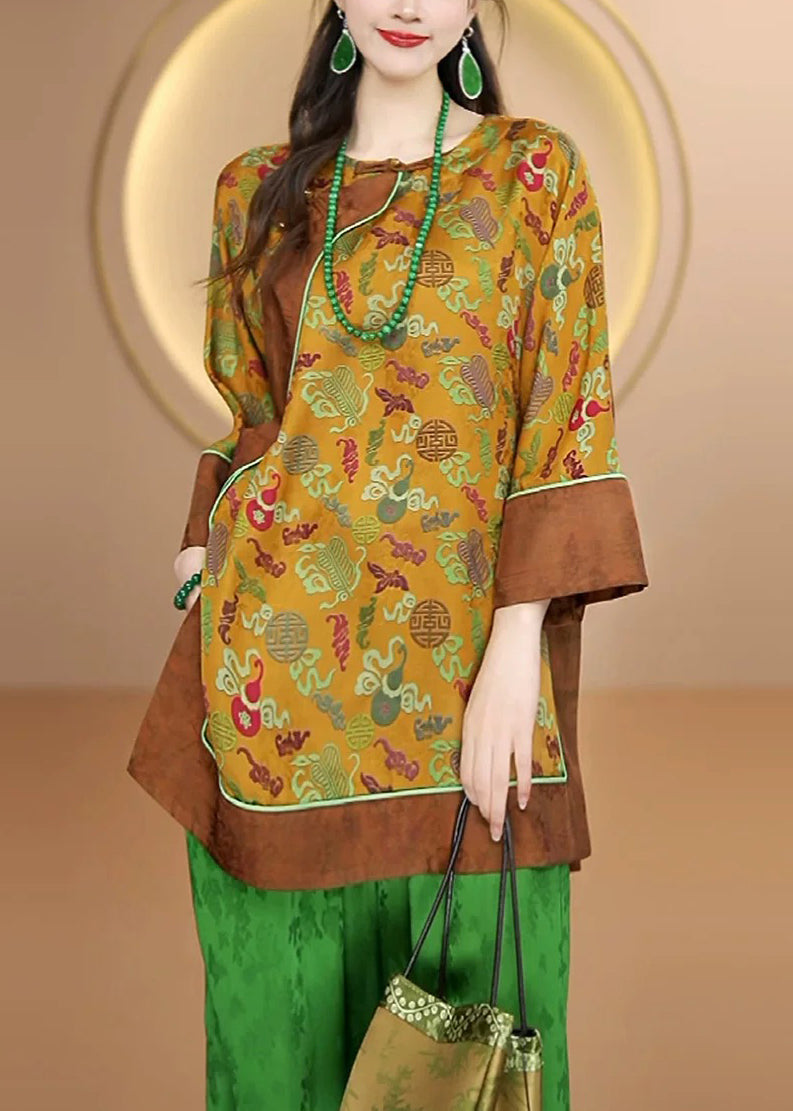 Vintage Yellow O Neck Print Oriental Button Silk Shirts Fall
