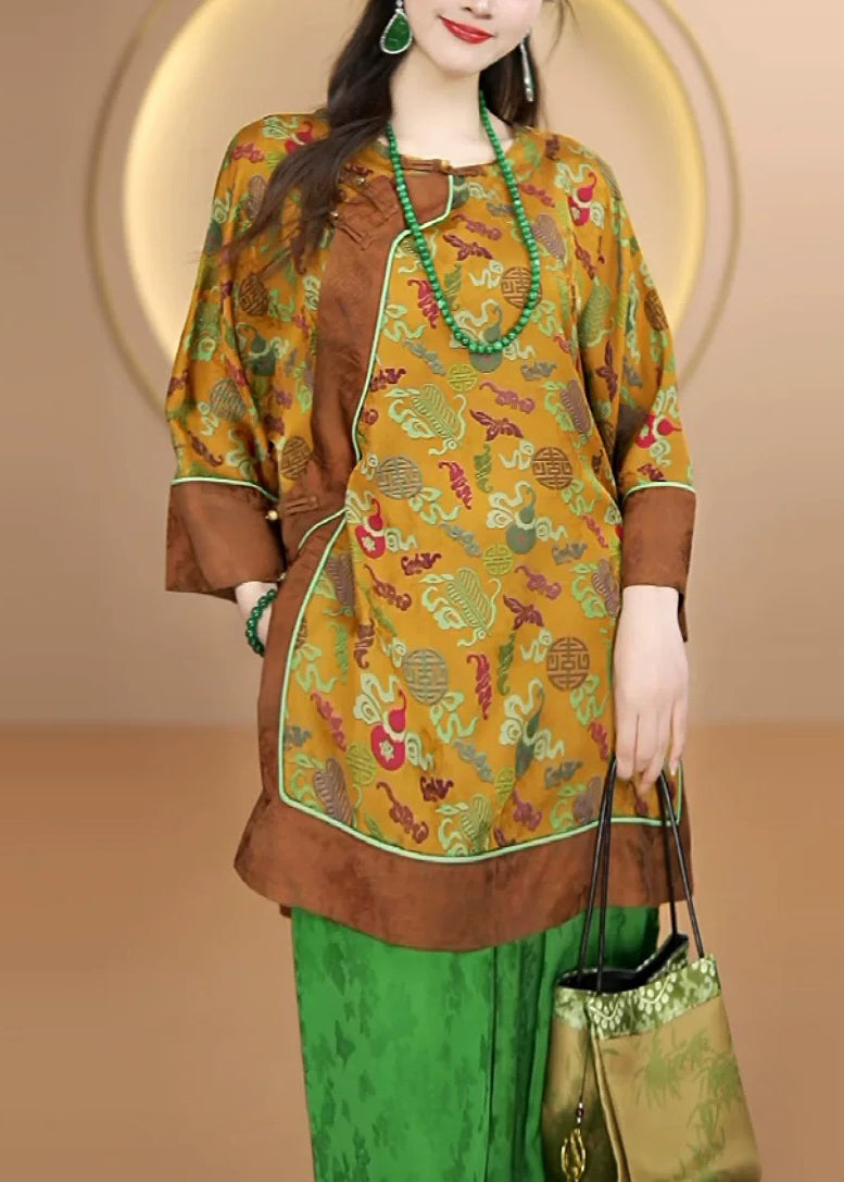 Vintage Yellow O Neck Print Oriental Button Silk Shirts Fall