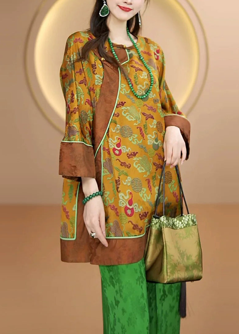 Vintage Yellow O Neck Print Oriental Button Silk Shirts Fall