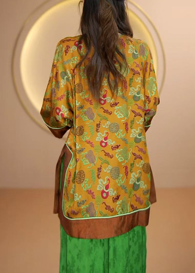 Vintage Yellow O Neck Print Oriental Button Silk Shirts Fall