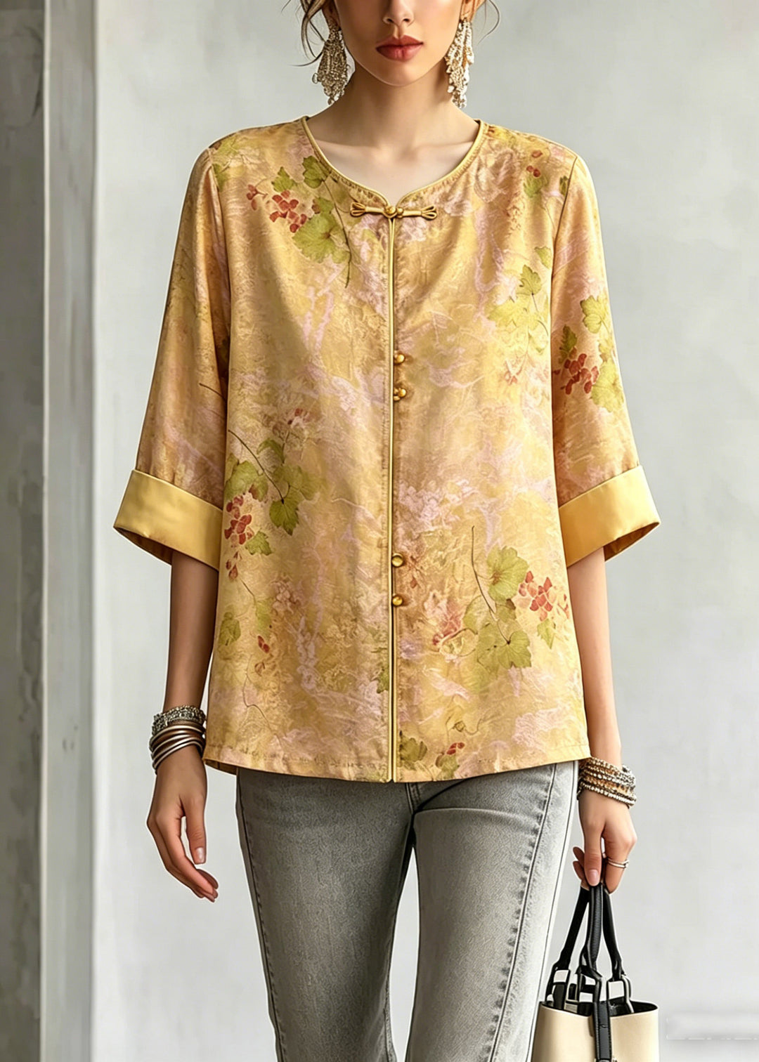 Vintage Yellow O-Neck Print Shirt Three Quarter Sleeve