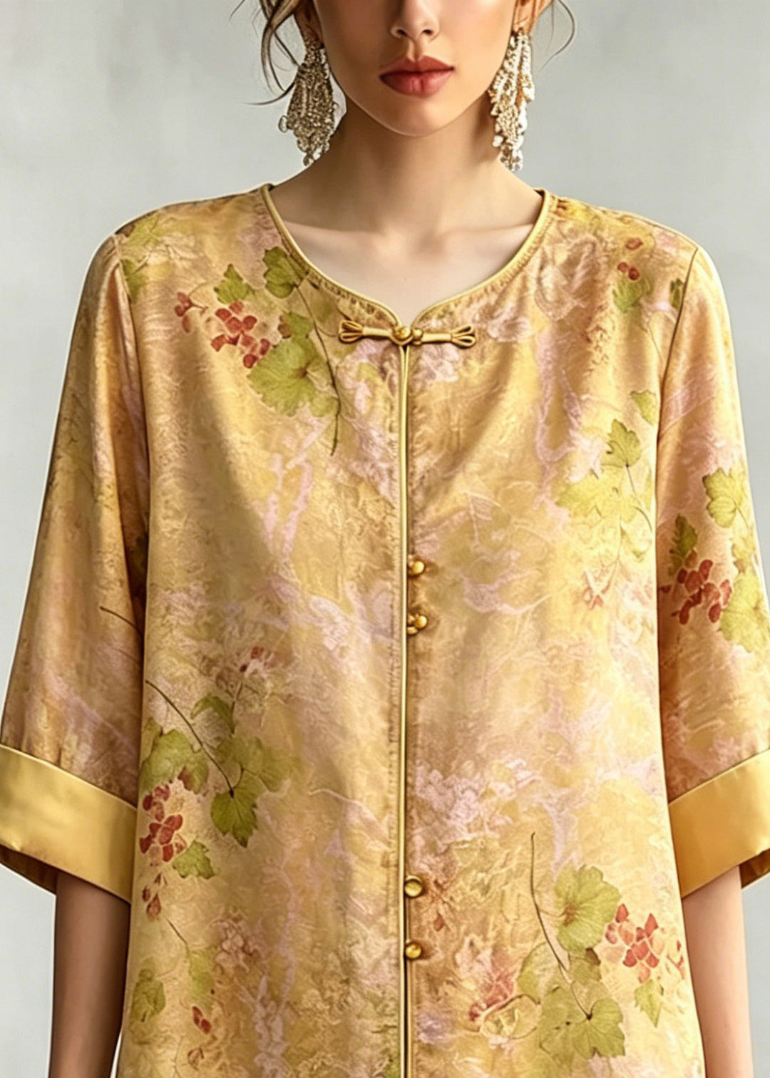 Vintage Yellow O-Neck Print Shirt Three Quarter Sleeve