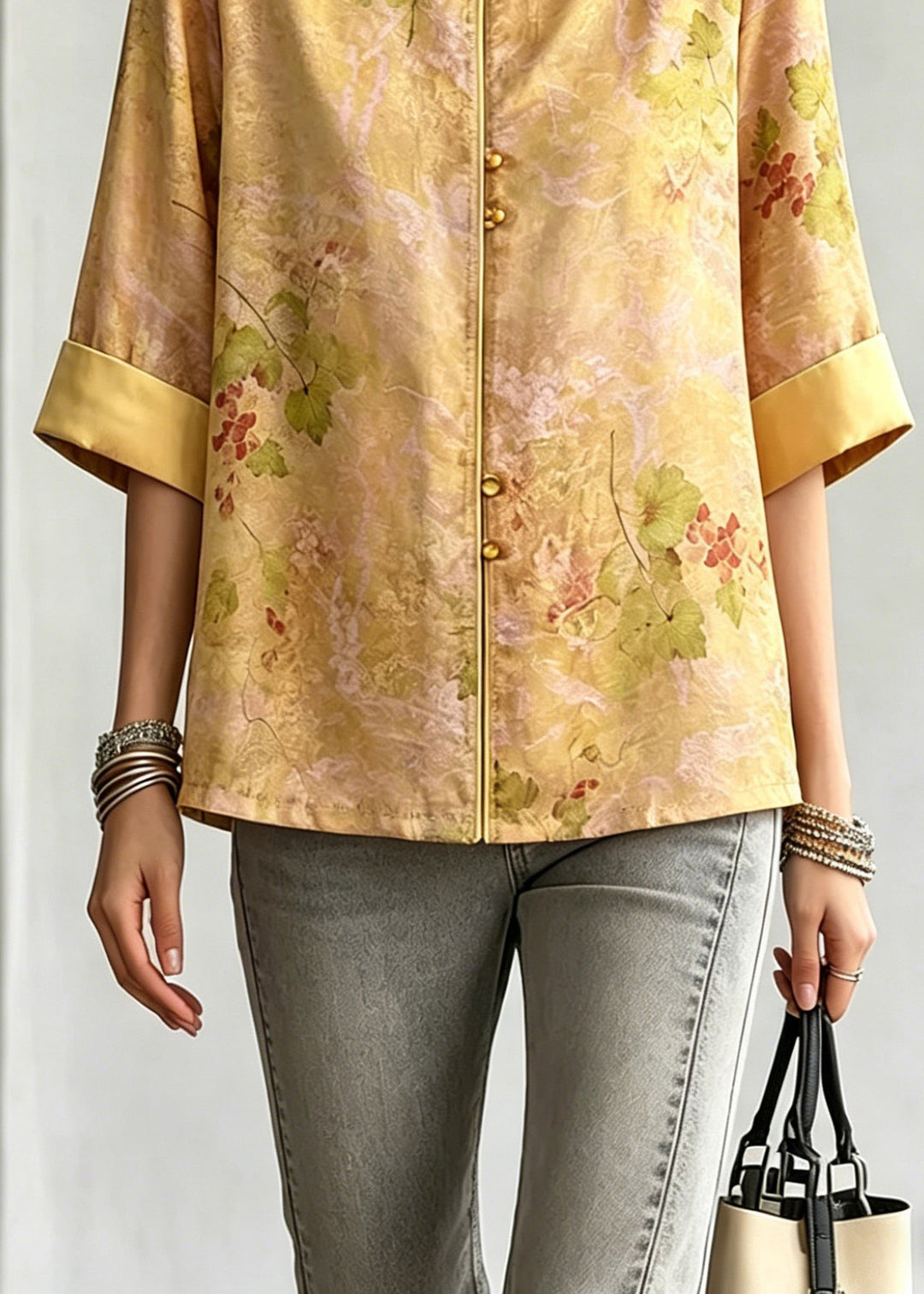 Vintage Yellow O-Neck Print Shirt Three Quarter Sleeve