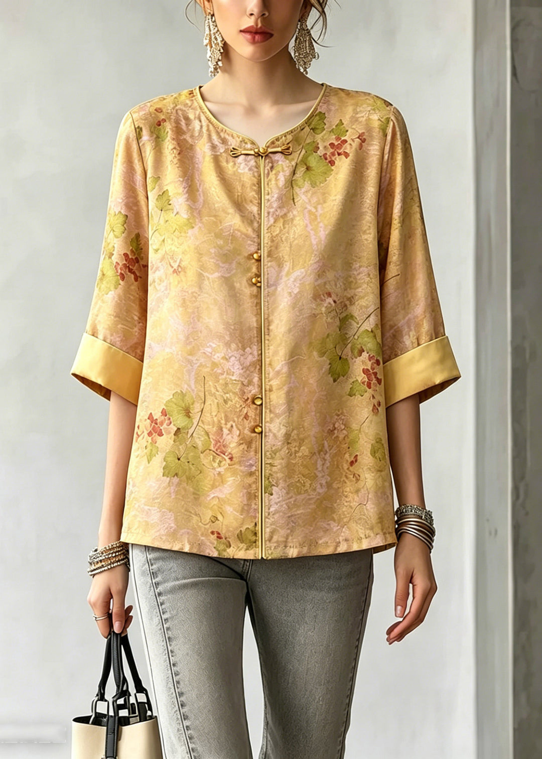 Vintage Yellow O-Neck Print Shirt Three Quarter Sleeve