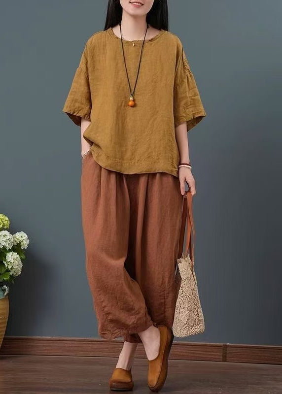 Vintage Yellow Oversized Linen Two Pieces Set Summer