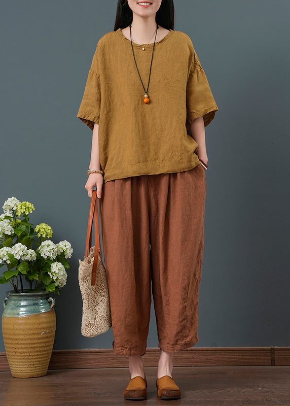 Vintage Yellow Oversized Linen Two Pieces Set Summer