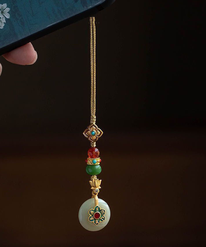 Vintage Yellow Silver Overgild Jade Turquoise Lotus Four-Leaf Clover Phone Chains