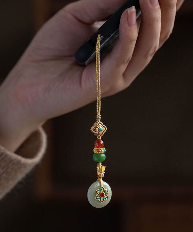 Vintage Yellow Silver Overgild Jade Turquoise Lotus Four-Leaf Clover Phone Chains