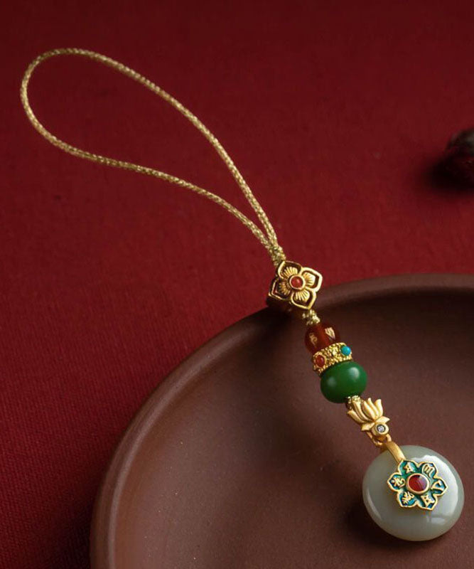 Vintage Yellow Silver Overgild Jade Turquoise Lotus Four-Leaf Clover Phone Chains