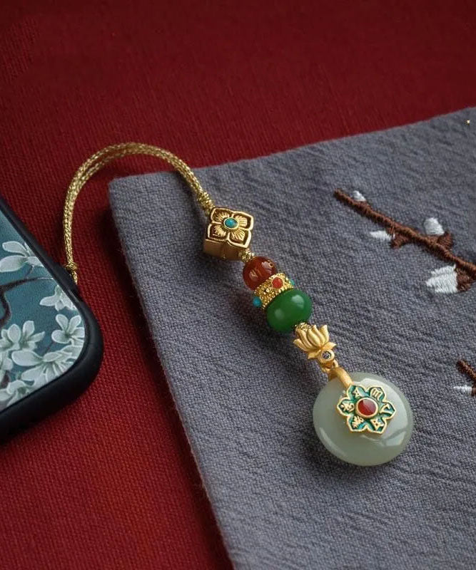 Vintage Yellow Silver Overgild Jade Turquoise Lotus Four-Leaf Clover Phone Chains