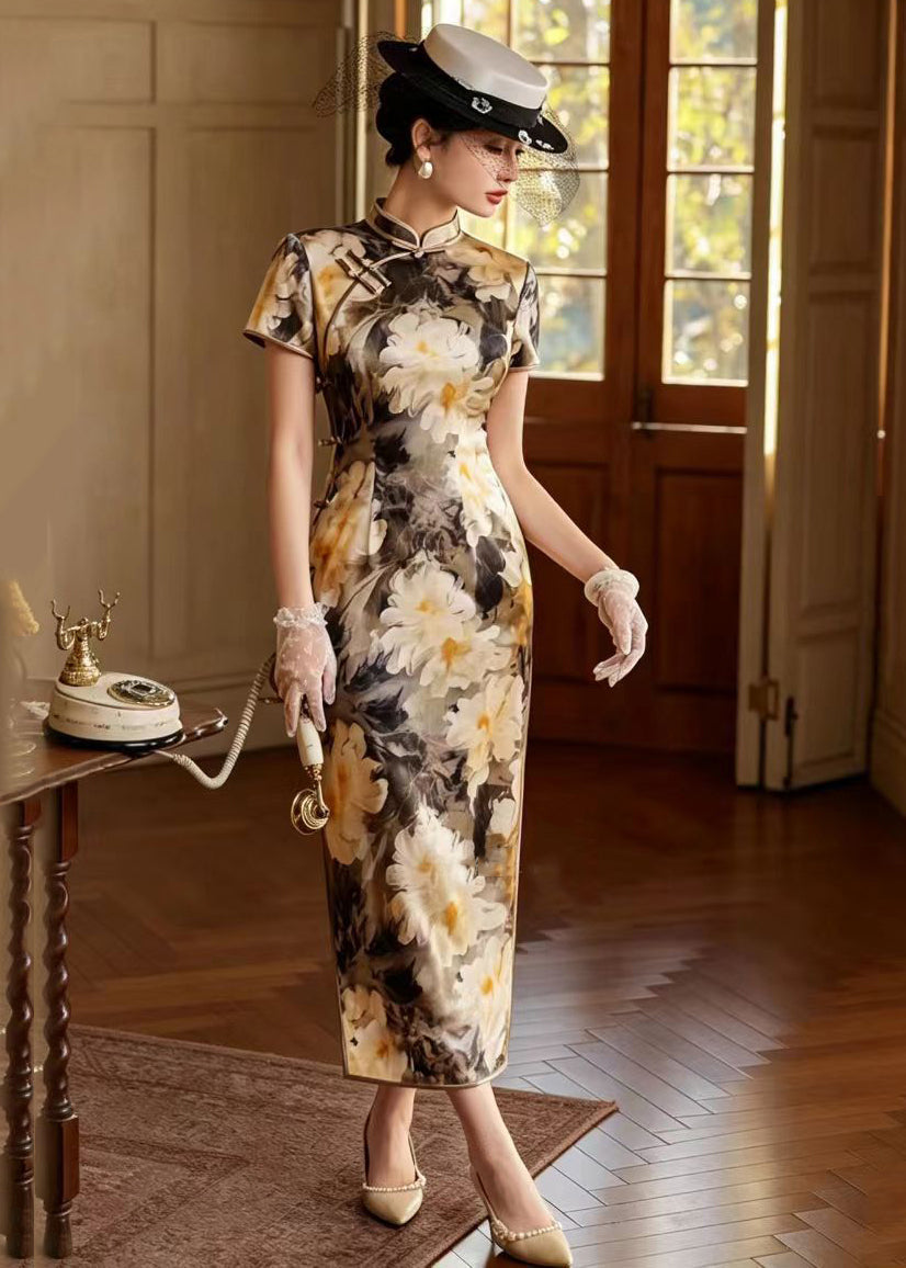Vintage Yellow Stand Collar Chinese Buttons Print Side Open Dress Short Sleeve