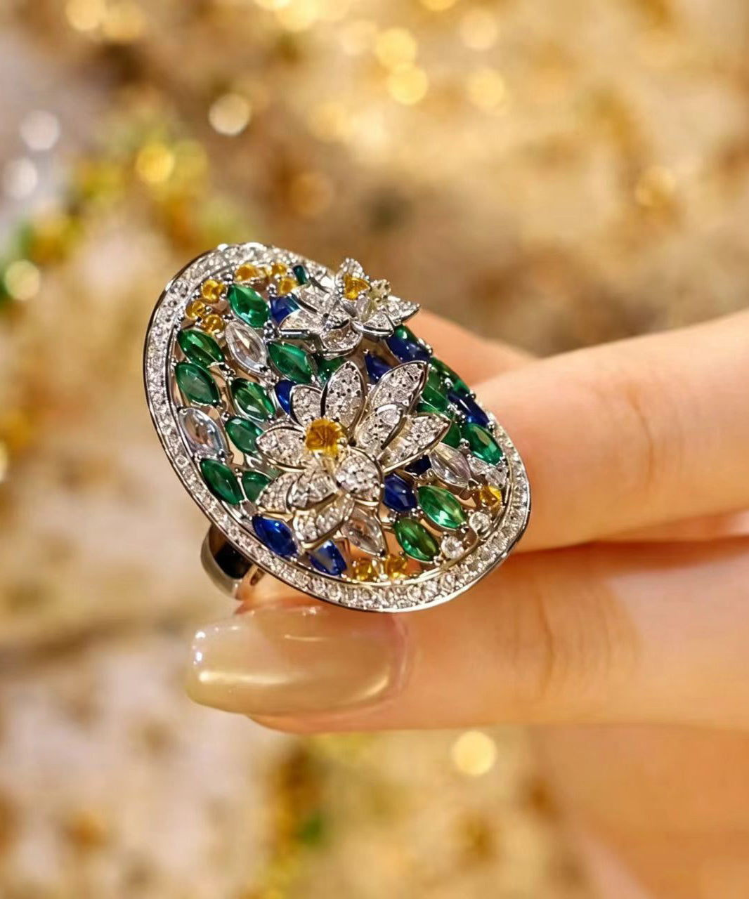 Vintage Zircon Alloy Stereoscopic Floral Open Rings