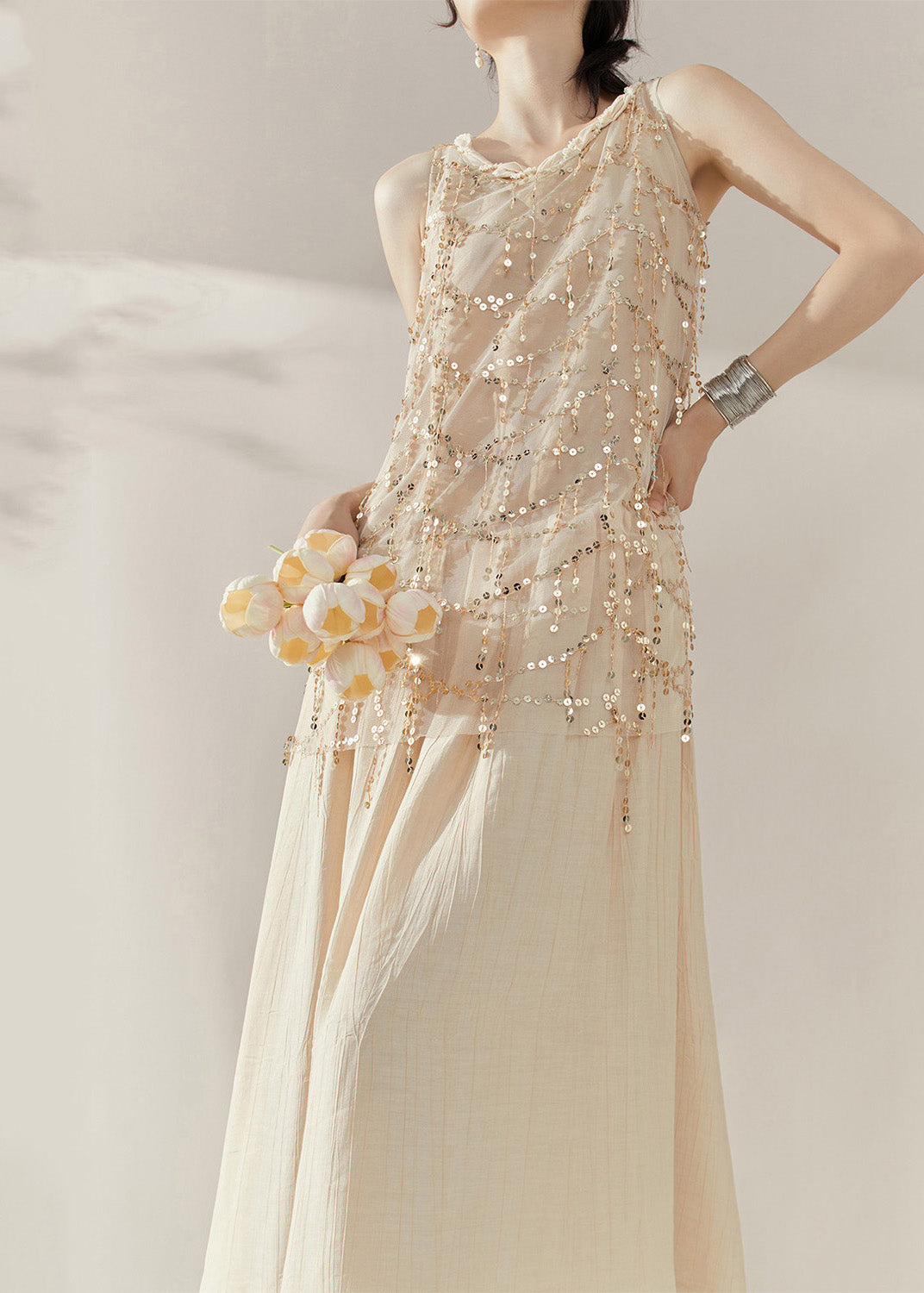 Vogue Apricot Long Dress Summer Sequins Patchwork