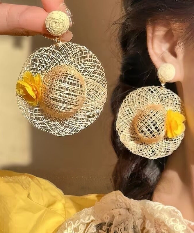 Vogue Beige Weave Straw Hat Floral Drop Earrings