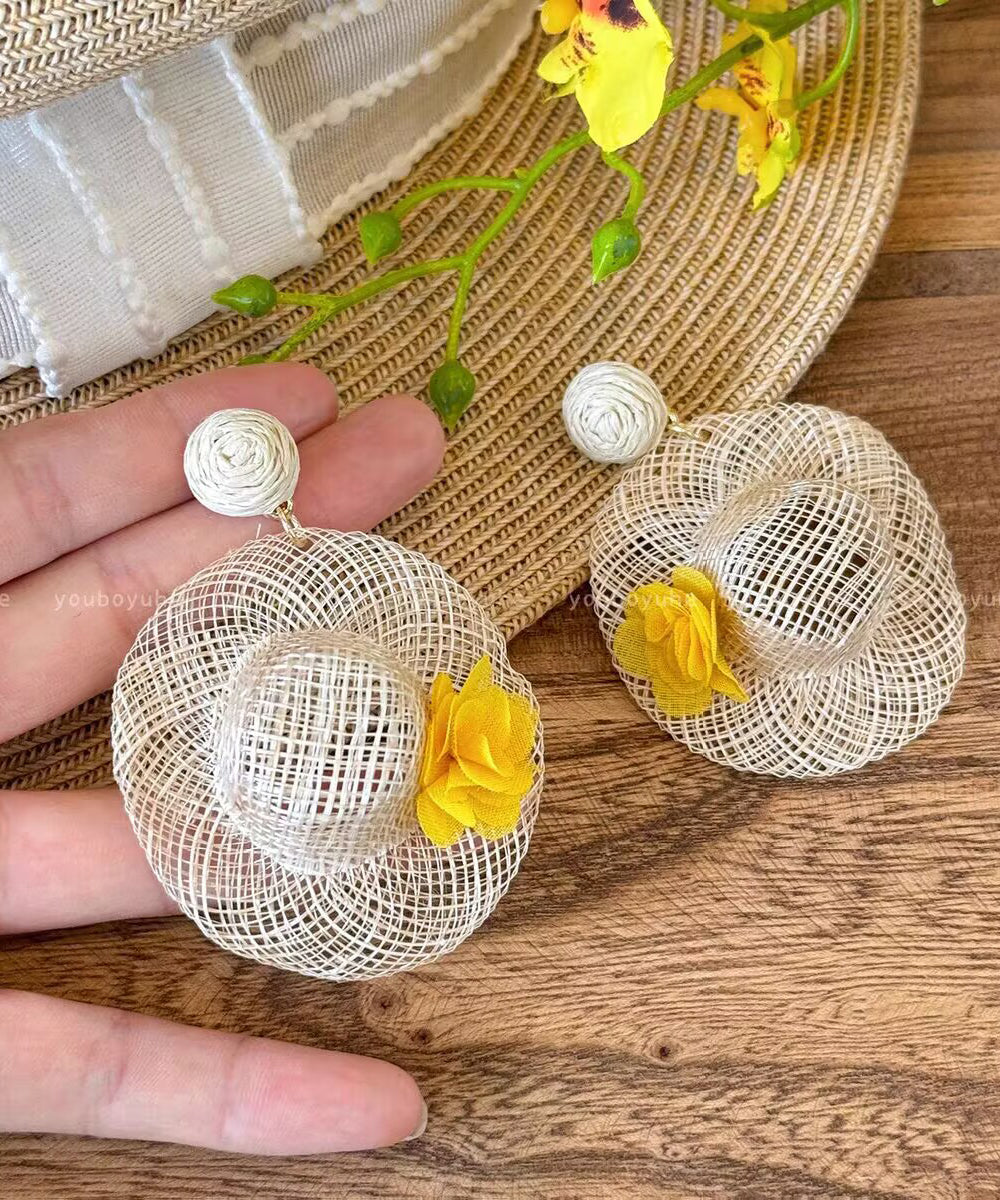 Vogue Beige Weave Straw Hat Floral Drop Earrings