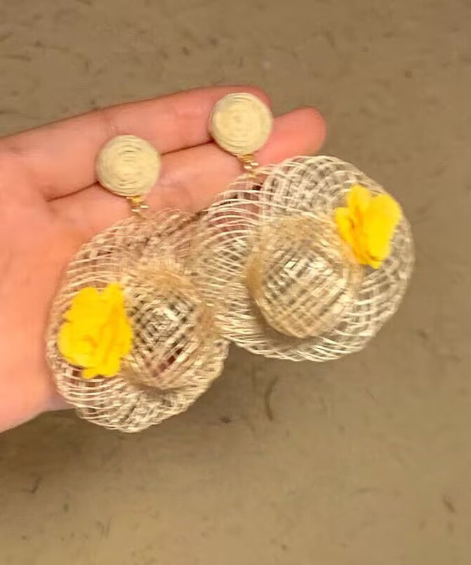 Vogue Beige Weave Straw Hat Floral Drop Earrings