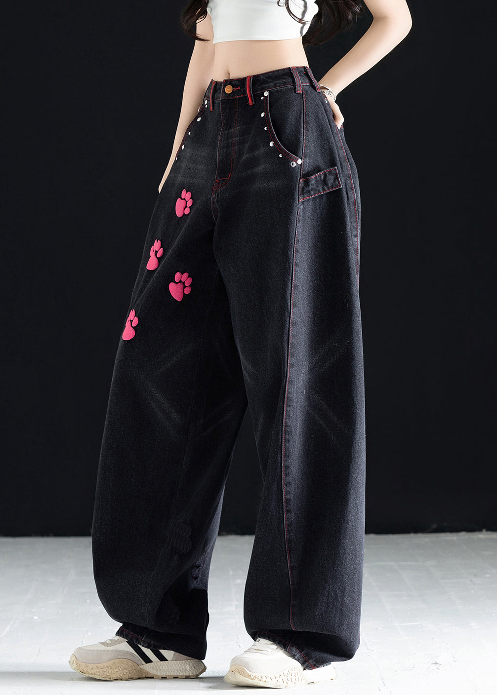 Vogue Black High Waist Pockets Print Wide Leg Jeans Fall