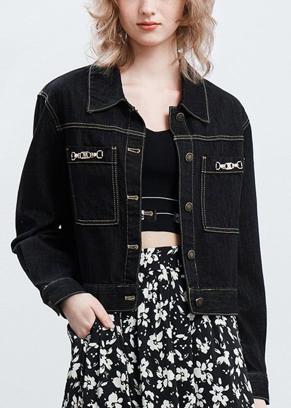 Vogue Black Peter Pan Collar Button Denim Coats Fall