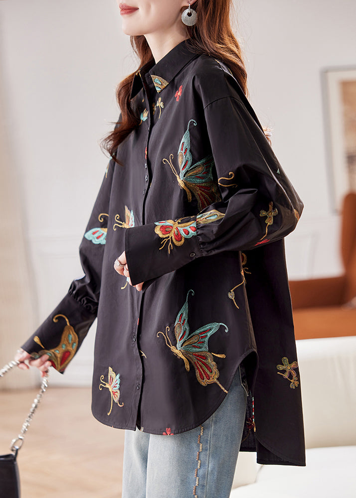 Vogue Black Peter Pan Collar Print Cotton Shirts Flare Sleeve