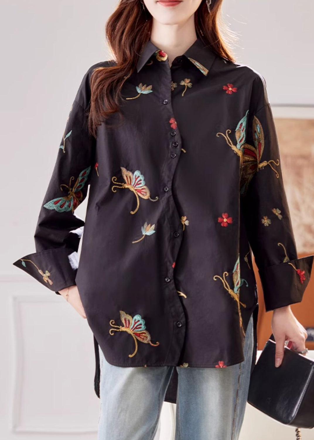 Vogue Black Peter Pan Collar Print Cotton Shirts Flare Sleeve