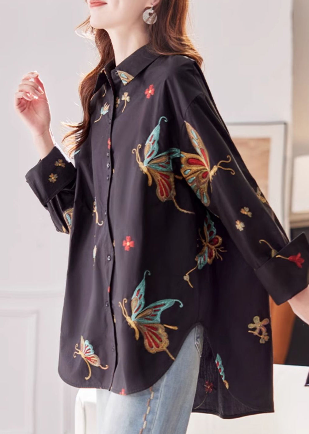 Vogue Black Peter Pan Collar Print Cotton Shirts Flare Sleeve