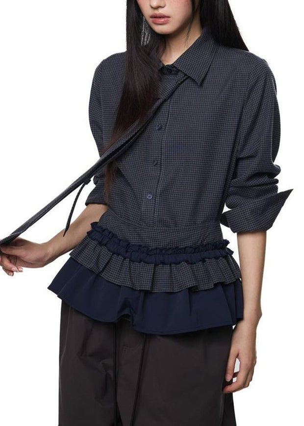 Vogue Black Plaid Peter Pan Collar Ruffled Button Shirts Fall