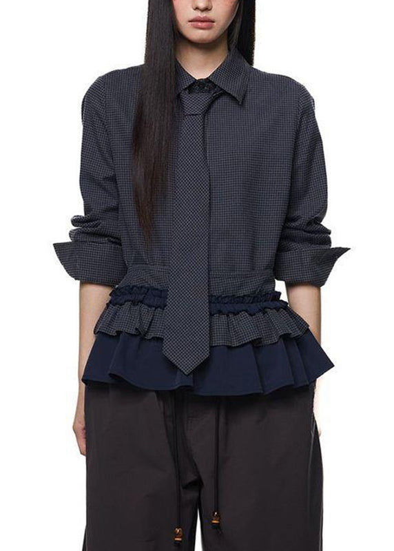 Vogue Black Plaid Peter Pan Collar Ruffled Button Shirts Fall