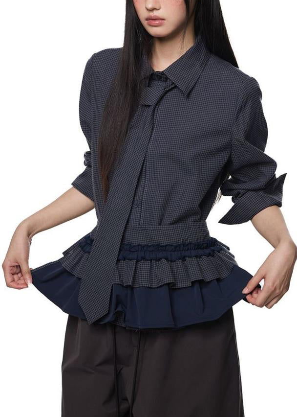 Vogue Black Plaid Peter Pan Collar Ruffled Button Shirts Fall